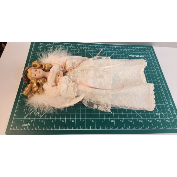 Vintage Style Angel Tree Ornament Cream Lace Gown Blonde Curls Christmas 14x6x2 - Picture 8 of 8